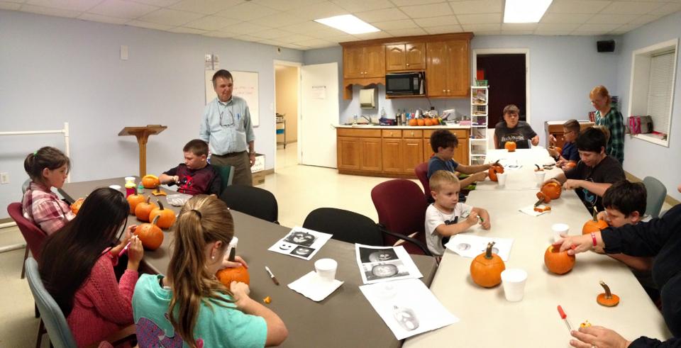 Wide-angle view of children participating in church program
